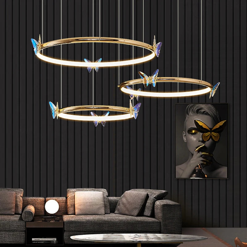 Butterfly LED chandelier gold ring with adjustable cord and secure packaging