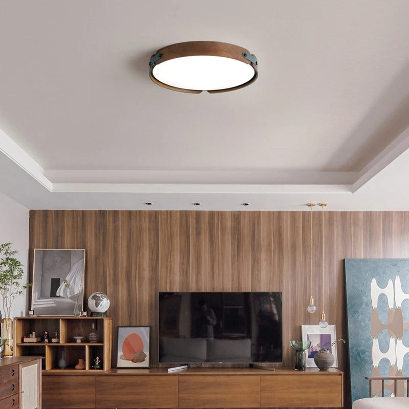 Creative ceiling light in wood and artificial leather with 3 interchangeable rings