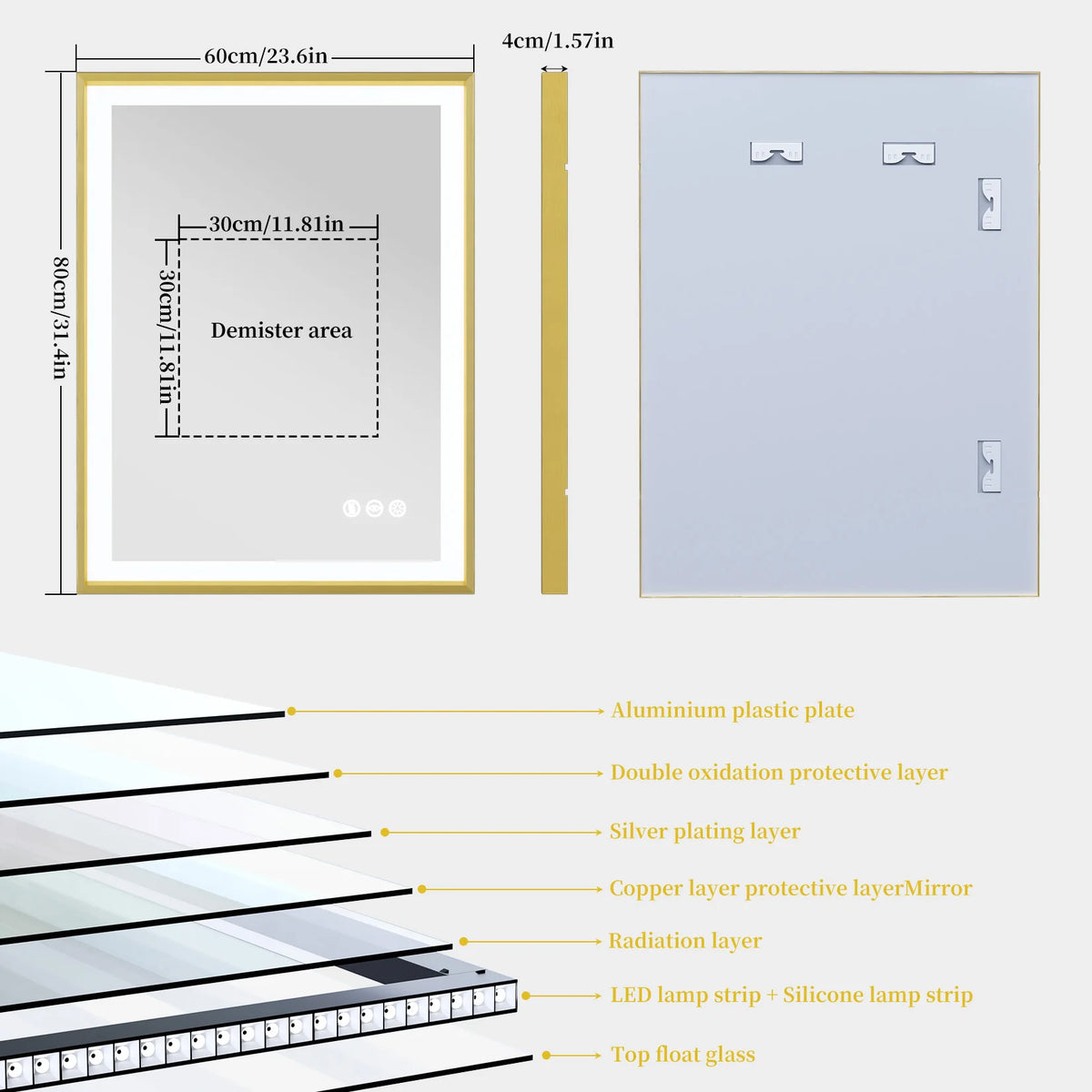 Illuminated mirror with gold frame and three-colour dimmable anti-fog LED lights - vue 11 sur 11