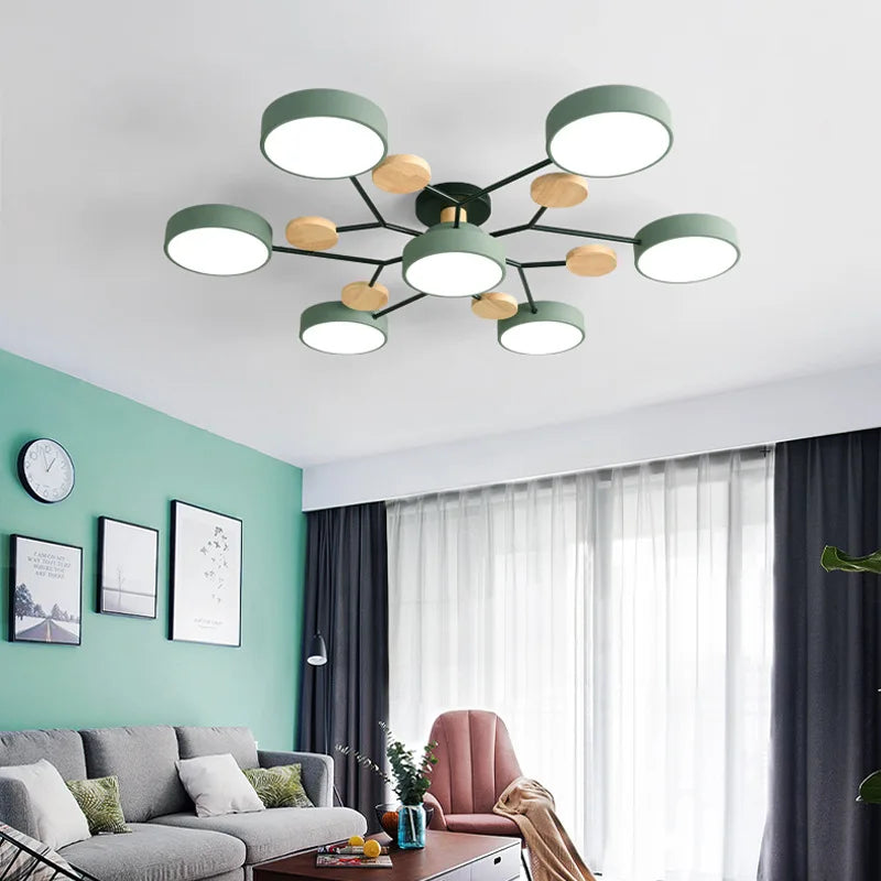 Nordic style wooden LED ceiling chandelier for multiple rooms - vue 3 sur 22