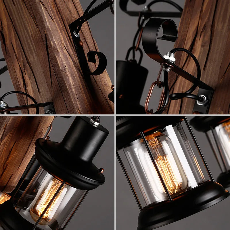 Retro wood industrial style chandelier for café and restaurant - vue 6 sur 24