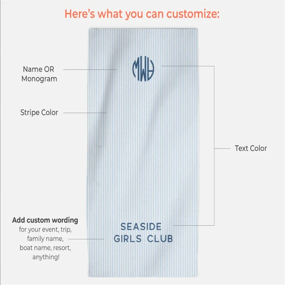 Personalised preppy striped monogram beach towel