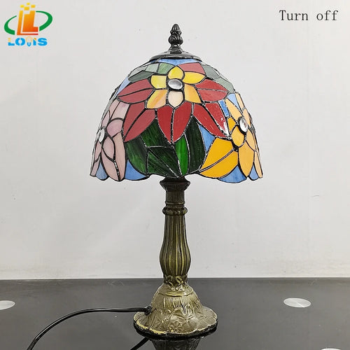 Scandinavian stained glass table lamp with antique metal - vue 7 sur 6