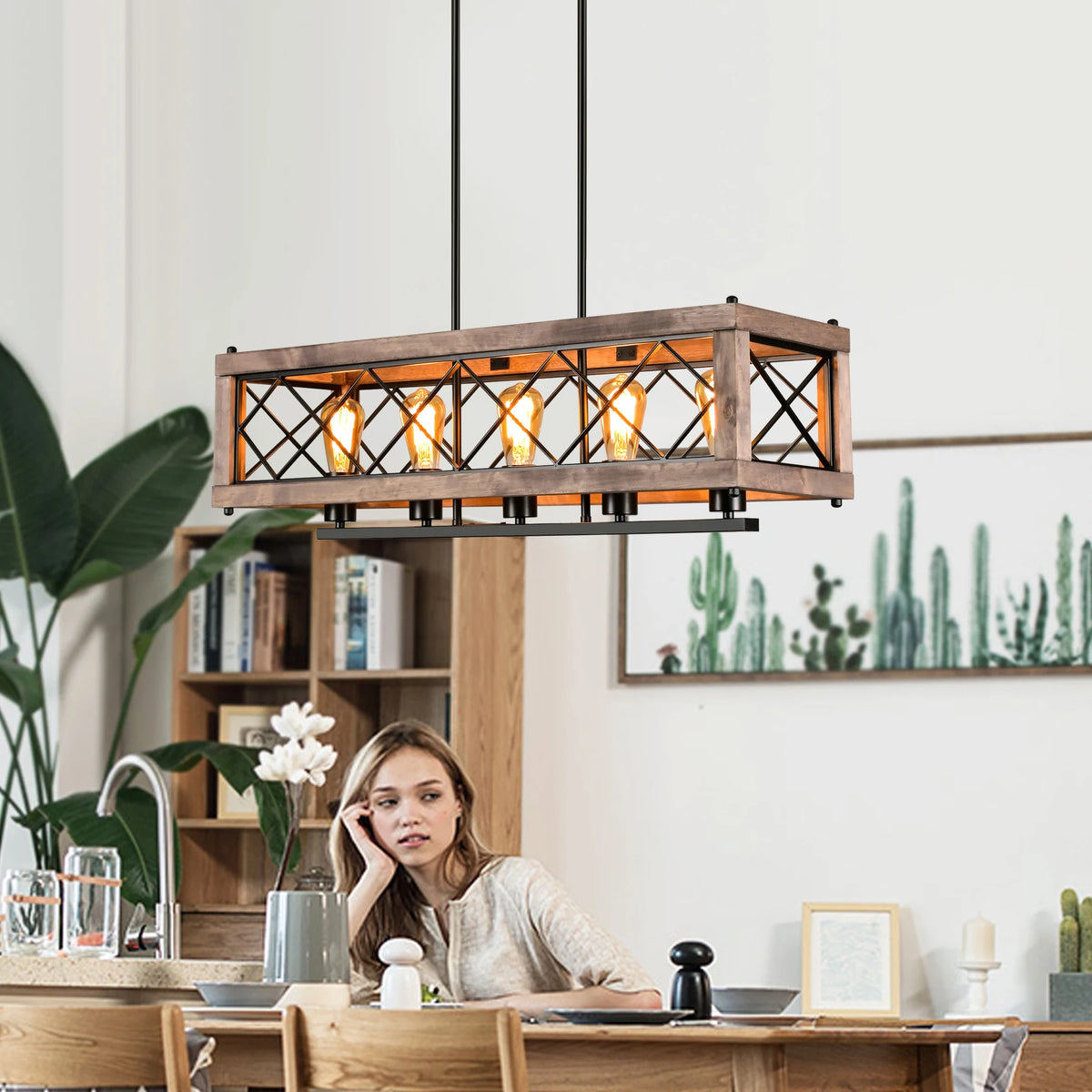 Rustic metal and wood chandelier - vue 3 sur 7