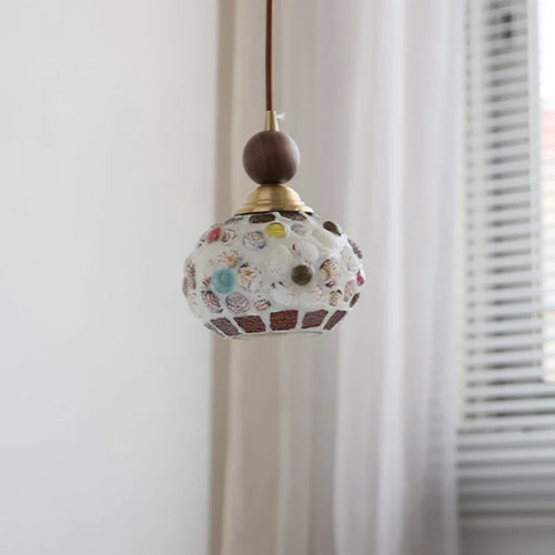 modern adjustable colored glass pendant light with wooden wire - vue 3 sur 25