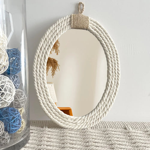oval nautical rope mirror with macrame fringe - vue 2 sur 7