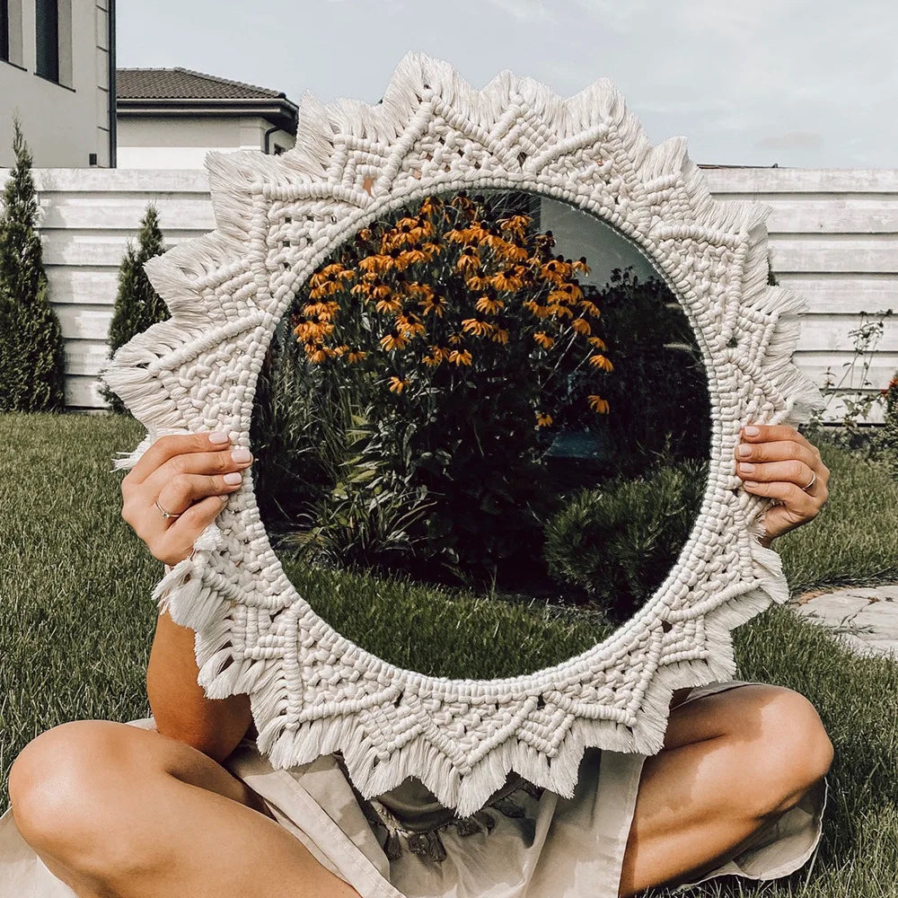 round macrame mirror bohemian style for wall decoration