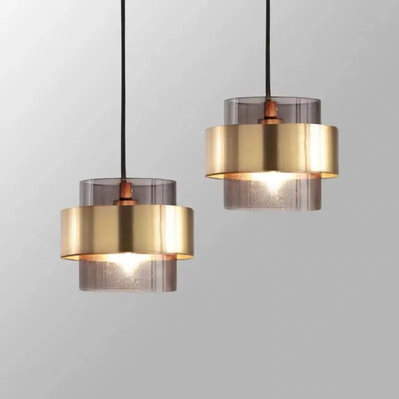 Modern glass pendant light for restaurant, café, bar, gold wrought iron and glass shade