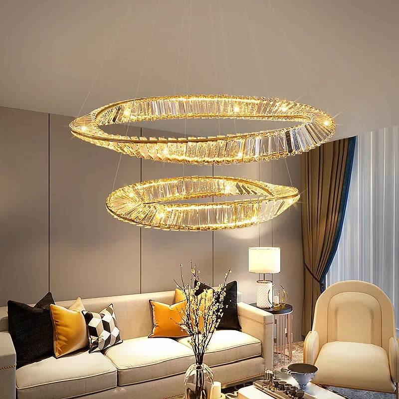 Modern crystal LED chandelier with decorative steel ring - vue 3 sur 13