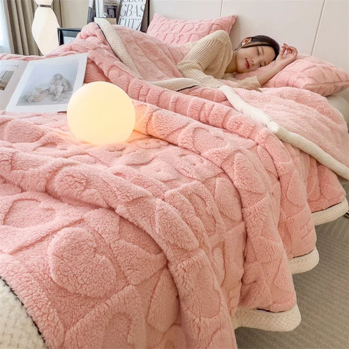 Thick polar fleece throw blanket with heart pattern for winter sofa or bed