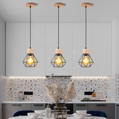 Vintage industrial wood pendant light with LED - vue 5 sur 14