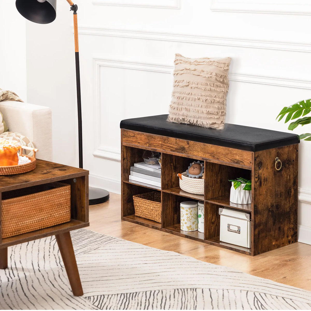 shoe cabinet with padded bench and 6-compartment shelf