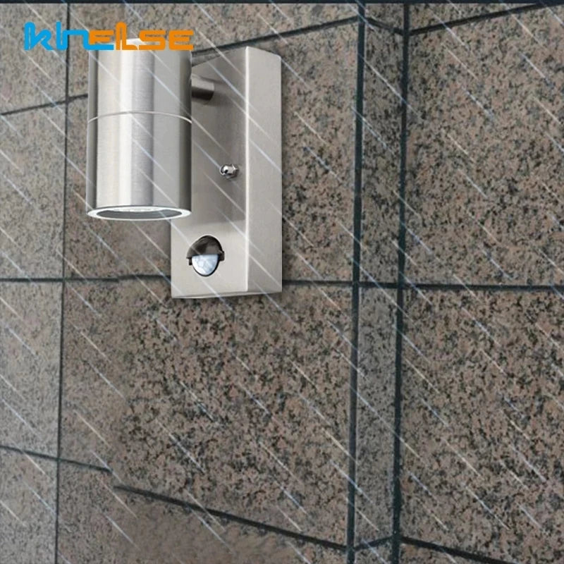Outdoor wall light with motion sensor in stainless steel