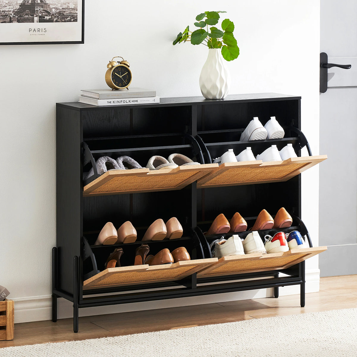 natural rattan shoe cabinet with drop-down doors and adjustable shelves