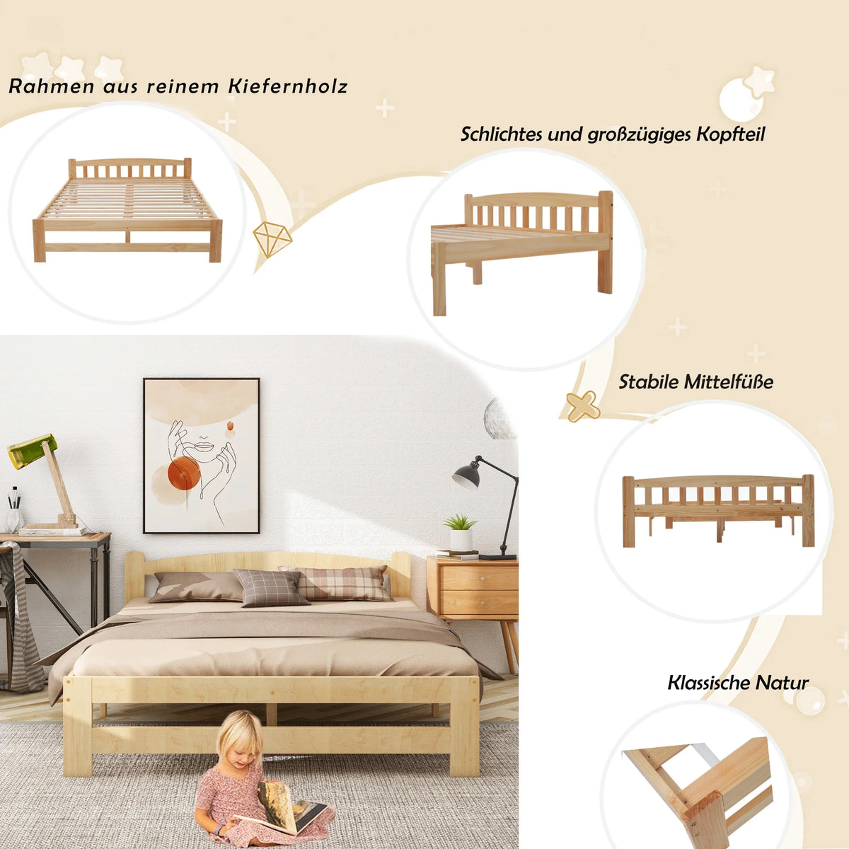 VSOGA 140/90 x 200 Cm, Solid Solid Wood Bed, Futon Bed, Double Bed, Solid Wood Natural Bed with Headboard and Slatted Frames, - vue 2 sur 7
