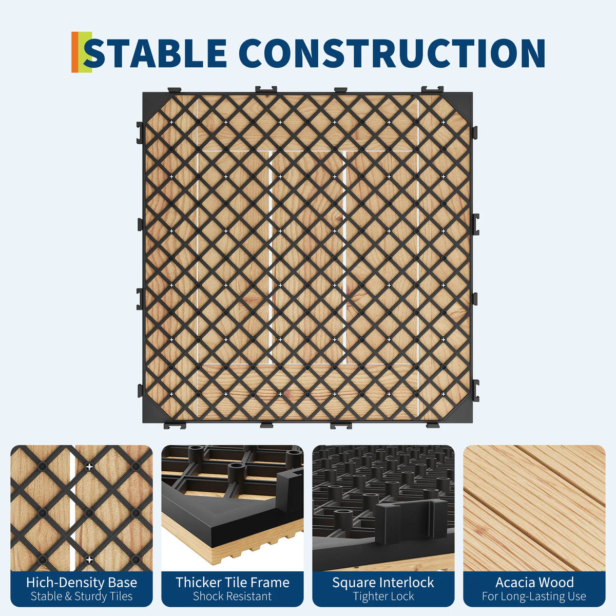 Acacia wood 12x12 inch non-slip interlocking deck tiles - vue 7 sur 8