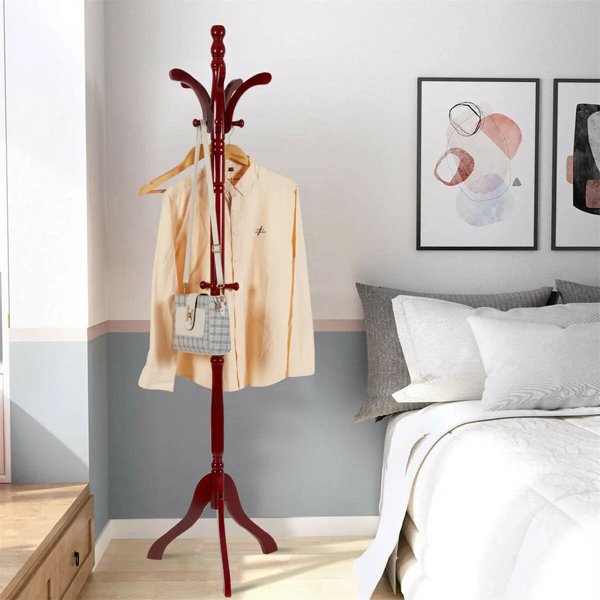 solid wood tripod coat rack for bag clothes and accessories
