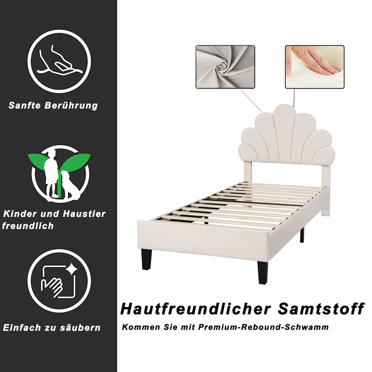 Youth Bed, Upholstered Bed, Skin-friendly Velvet Fabric, With Solid Flower-shaped Headboard and Slatted Frame, 90 x 200 cm - vue 4 sur 8