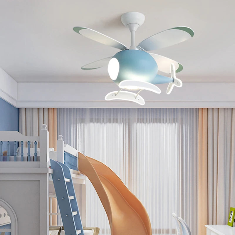 Helicopter LED ceiling fan pendant light for children with remote control - vue 4 sur 8