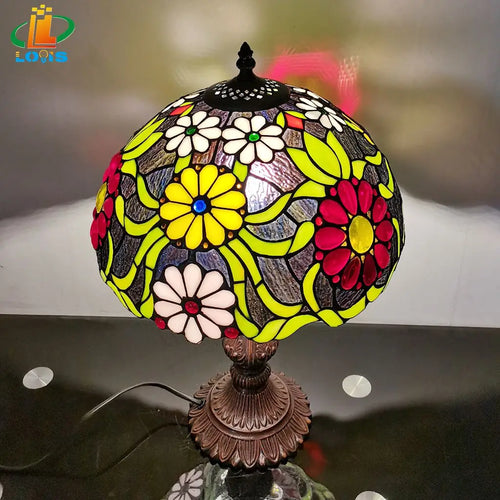 Tiffany style retro glass vintage bedside lamp - vue 7 sur 7