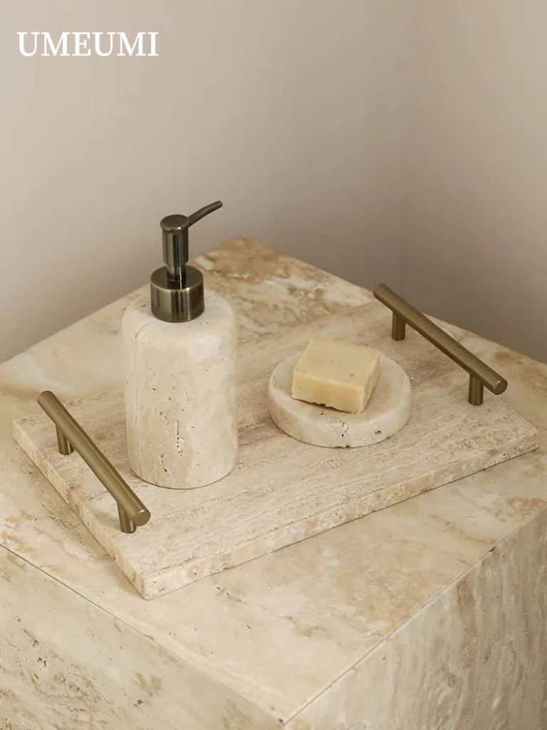 natural stone tray with golden handle and marble saucer