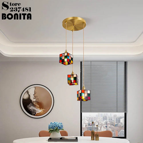 Retro pendant light in hand-painted glass, Mediterranean Asian style - vue 4 sur 12