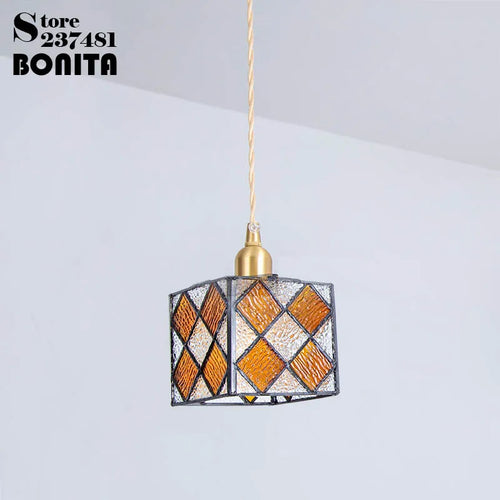 Retro pendant light in hand-painted glass, Mediterranean Asian style - vue 7 sur 12
