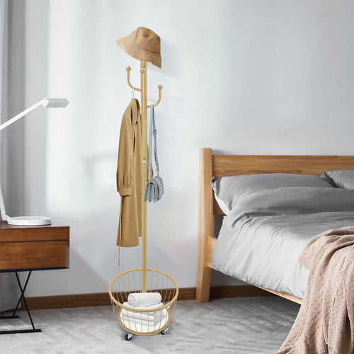 Standing Coat and Hat Hanger Organizer Rack with Mobile Wheel, Entryway Coat Hanger Stand with Storage Basket, Chic Home Tools - vue 7 sur 8