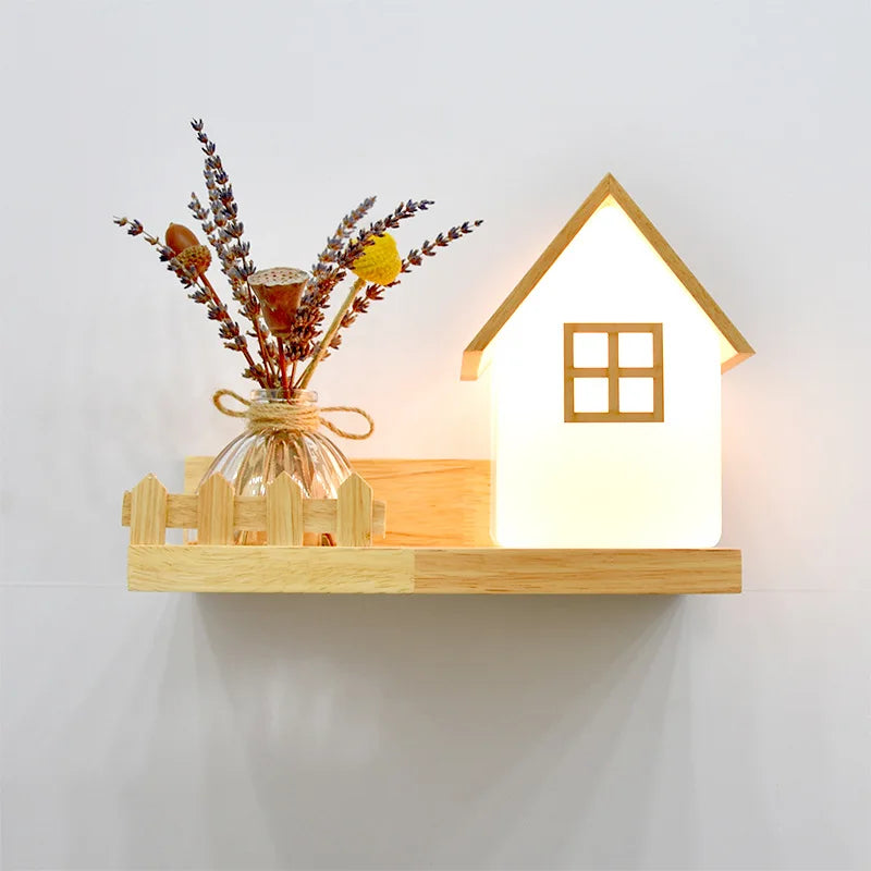 Wooden LED wall light with Nordic plant pot