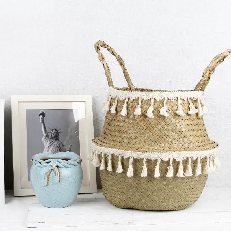 Handwoven wicker basket for plant storage boho decor