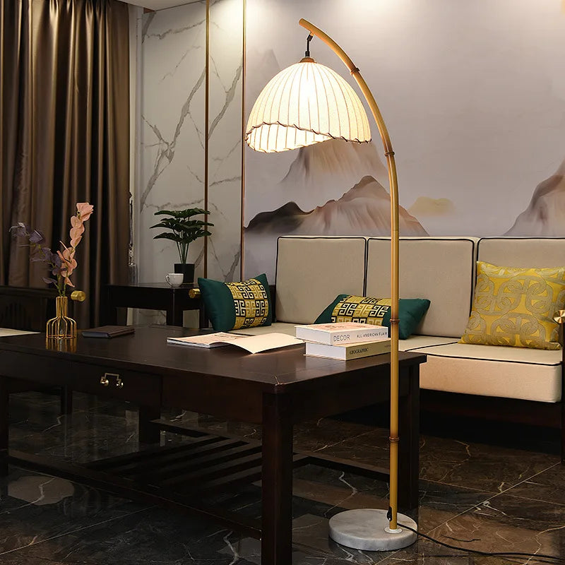 Nordic bamboo LED floor lamp with canvas hanging shades