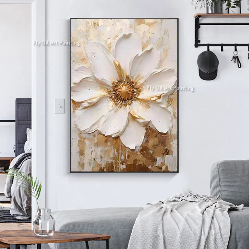 Thick oil painting abstract white flowers luxury wall decoration