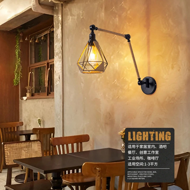 Nordic telescopic wall lamp with adjustable swivel arm and hemp rope - vue 6 sur 22