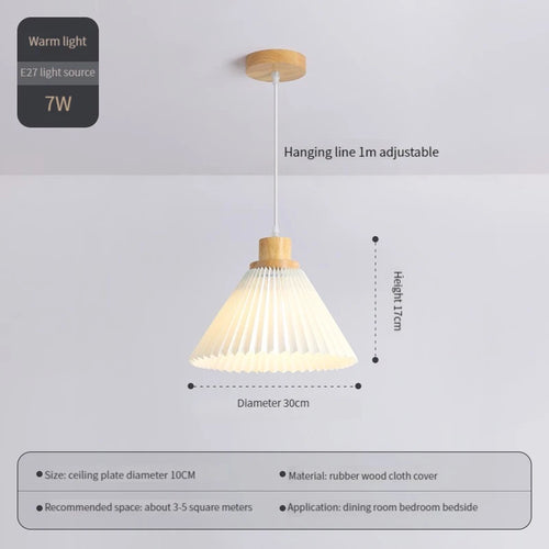 Modern Nordic pleated fabric chandelier with wooden base - vue 13 sur 14