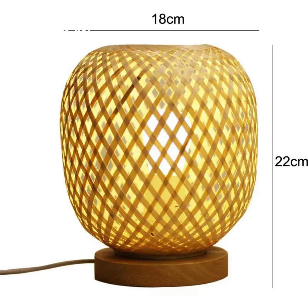 Bamboo Weaving Table Lamp with Handmade Natural Wooden Base, Retro Desk Lamp Reading Light Home Decor Table Lamp