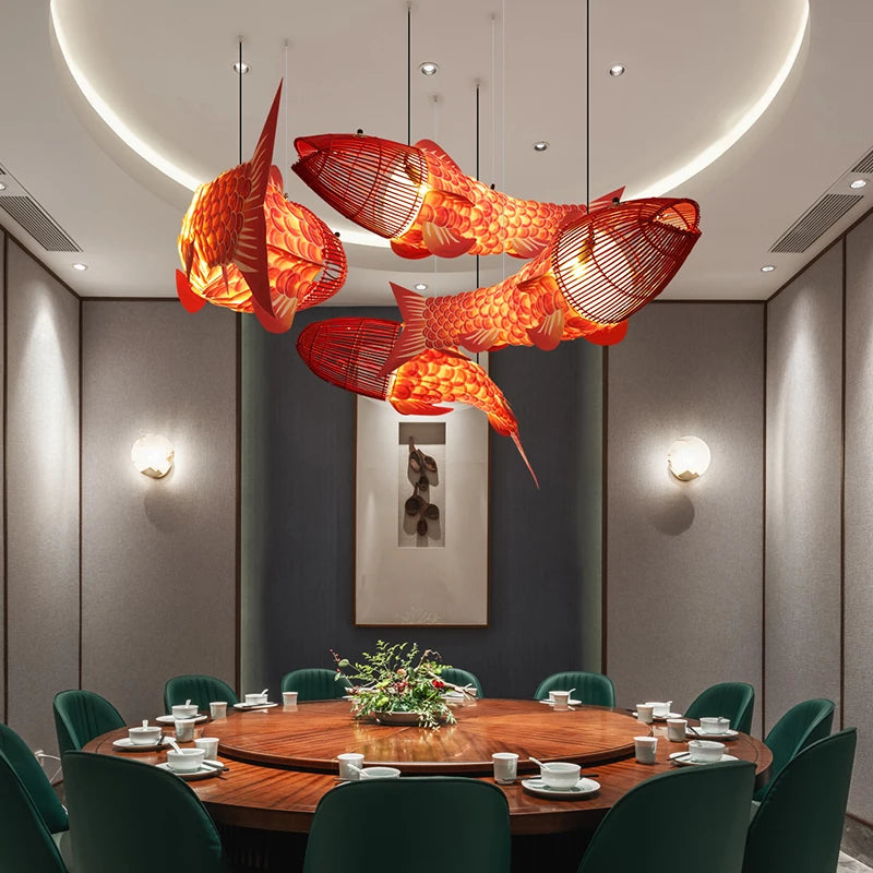Modern wooden big fish pendant light chinese style bamboo creative restaurant
