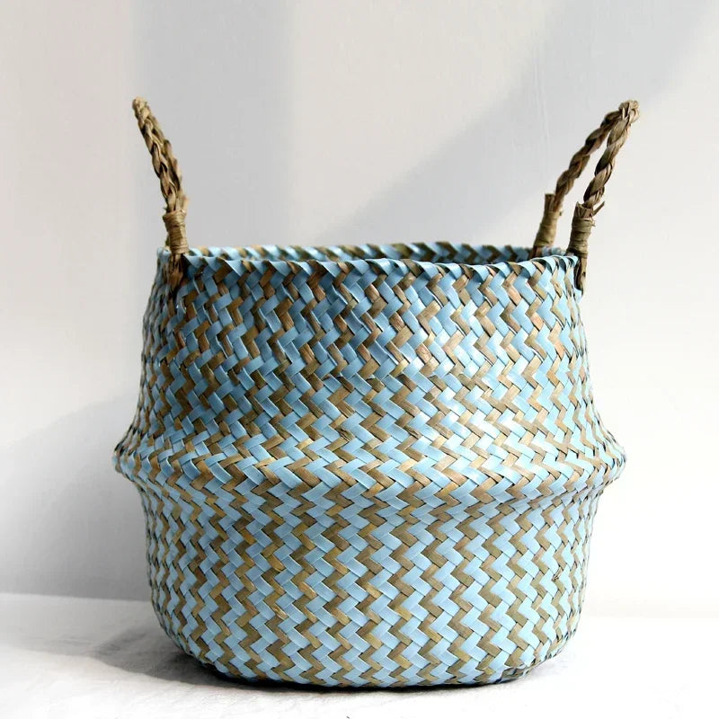 handmade patchwork seagrass foldable wicker storage basket - vue 5 sur 9