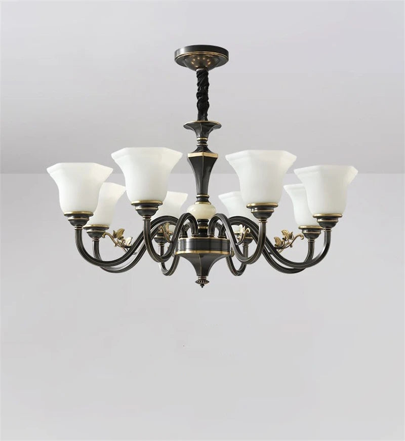 Vintage copper chandelier with frosted glass lampshade - vue 5 sur 20