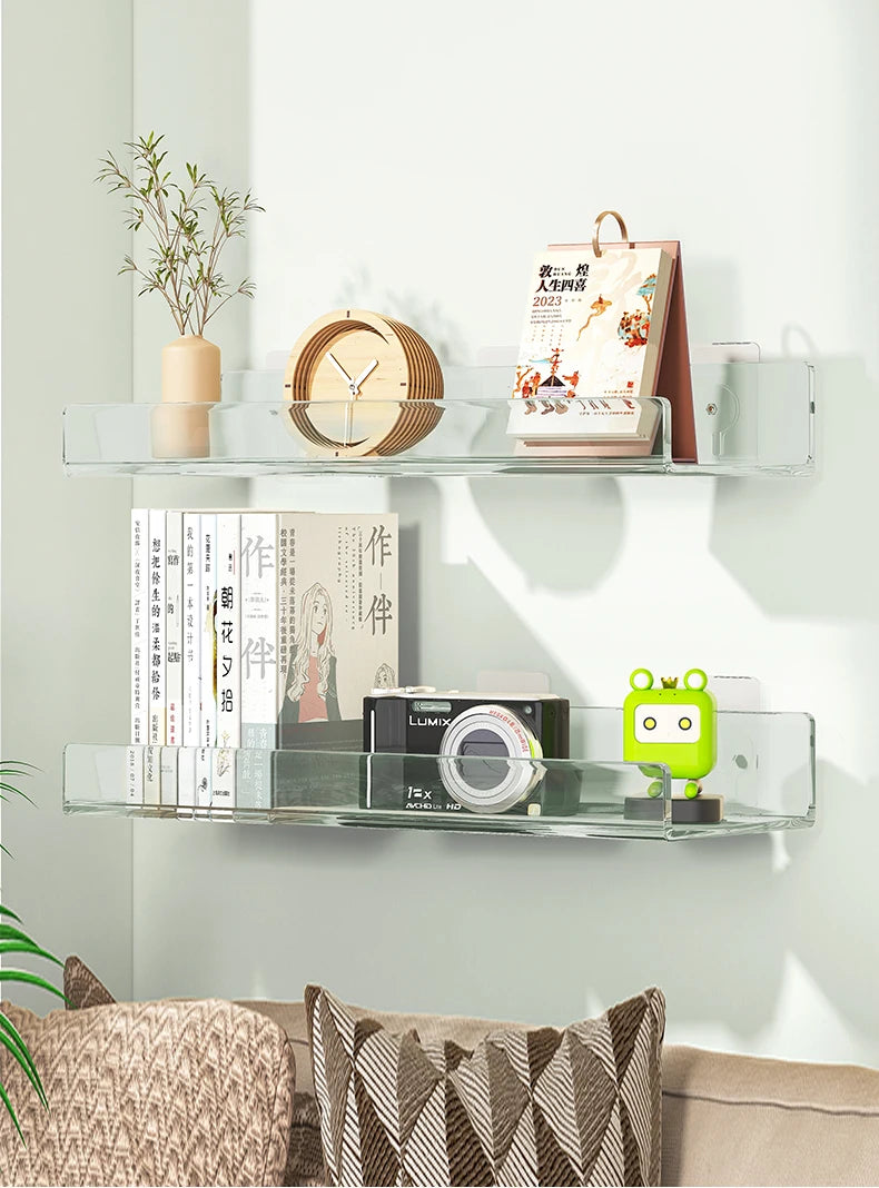 Clear acrylic floating wall shelf for organized storage