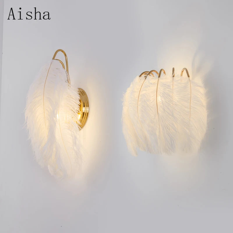 Nordic feather wall lamp romantic girl bedroom decoration
