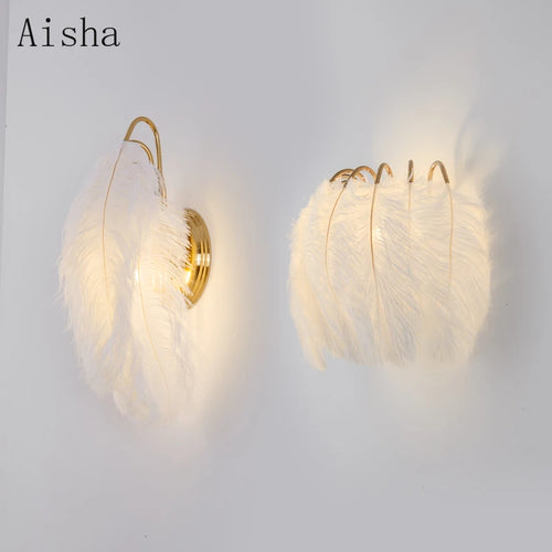 Nordic feather wall lamp for girl's princess bedroom - vue 2 sur 7
