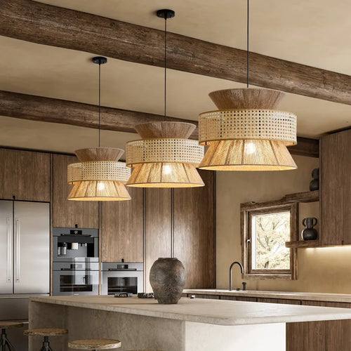 Chinese sabi wabi style rattan pendant light - vue 4 sur 24
