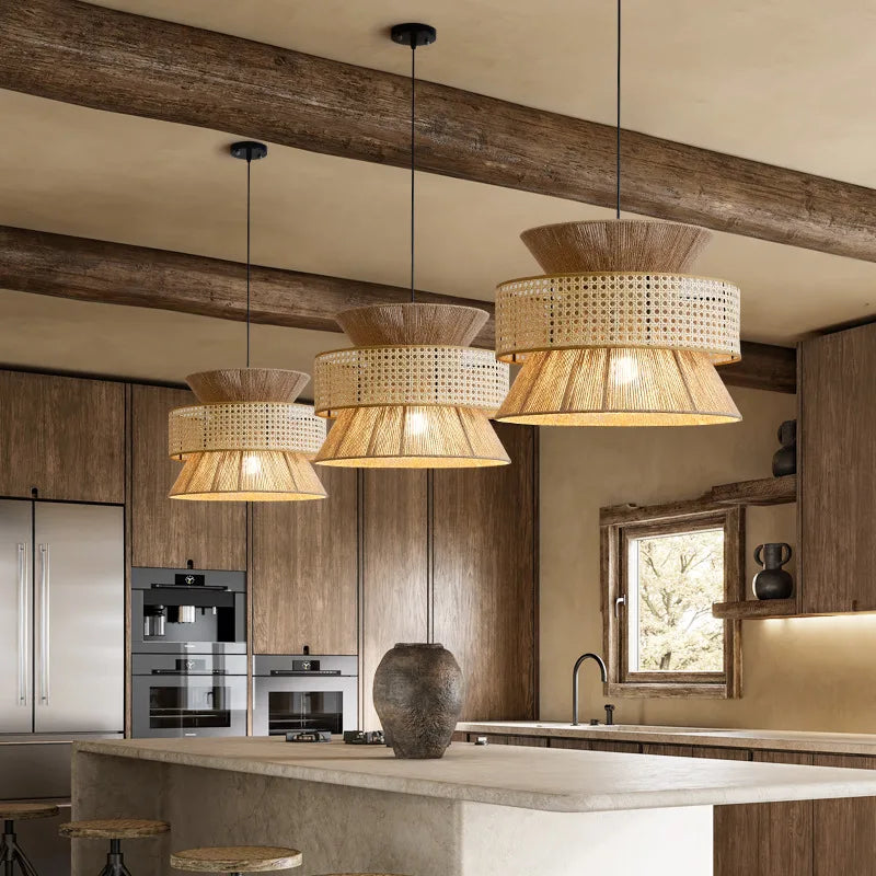Chinese sabi wabi style rattan pendant light - vue 4 sur 24