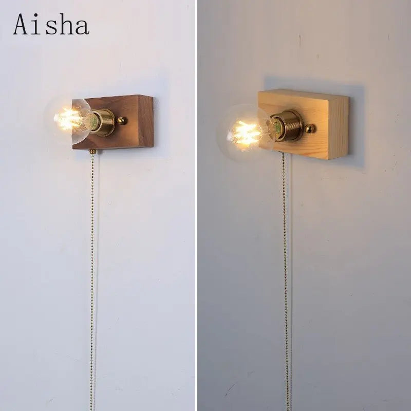 Vintage walnut wall light with switch and pull cord