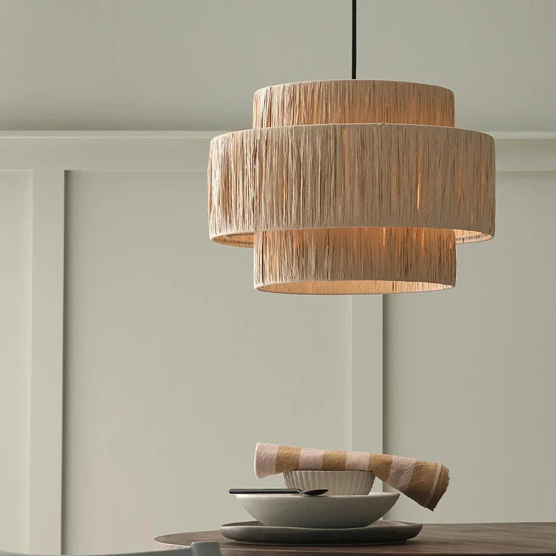 Retro rattan and straw ceiling light - vue 6 sur 8