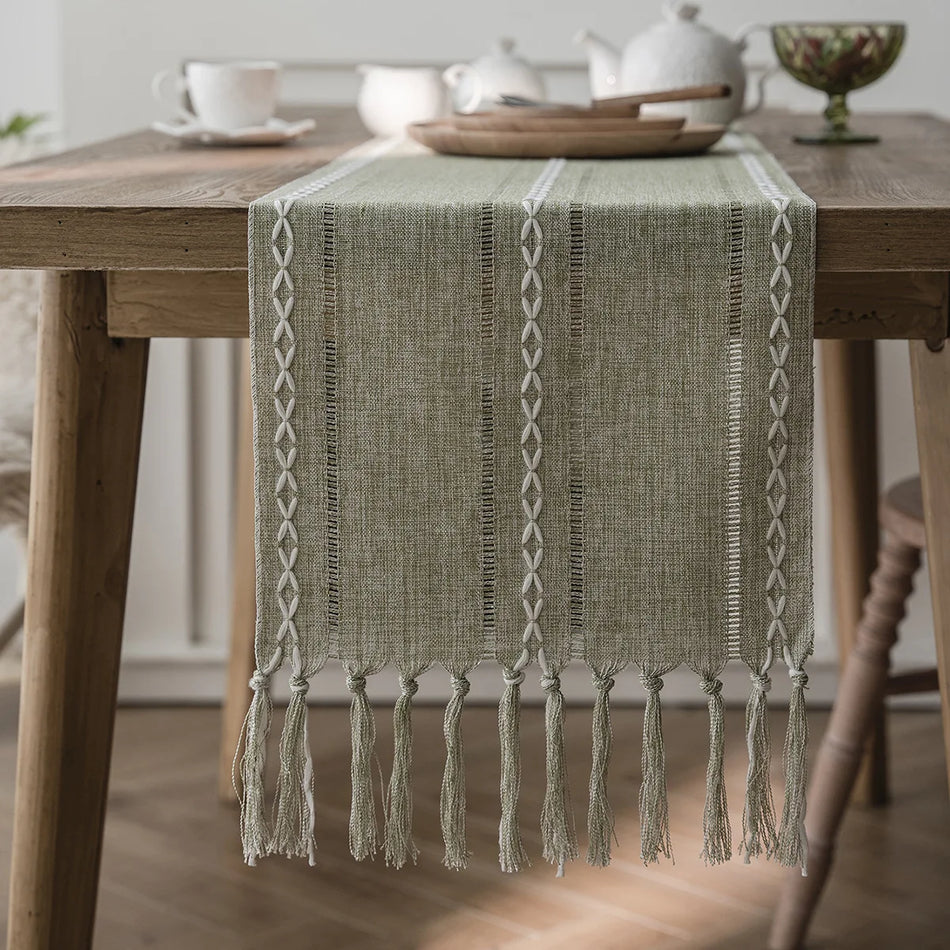 Boho embroidered table runner with handwoven tassels