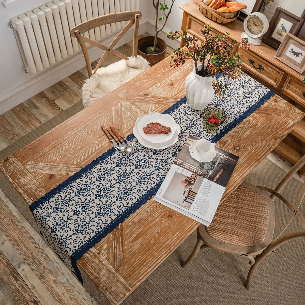 Navy striped table runner with lace country style