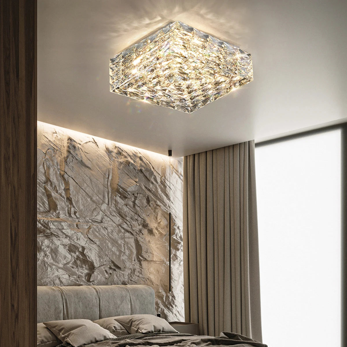 Modern square ceiling light in stainless steel and crystal