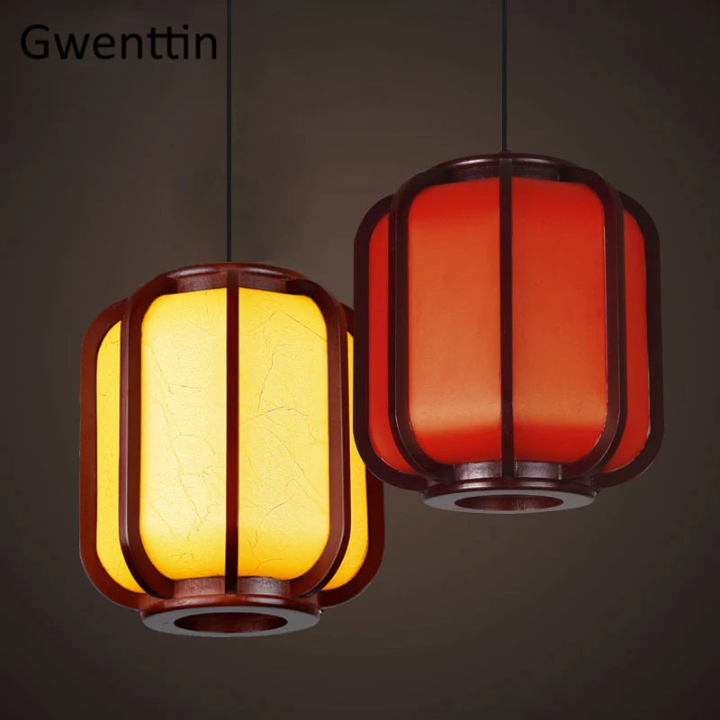 Chinese style wood pendant light with sheepskin lantern