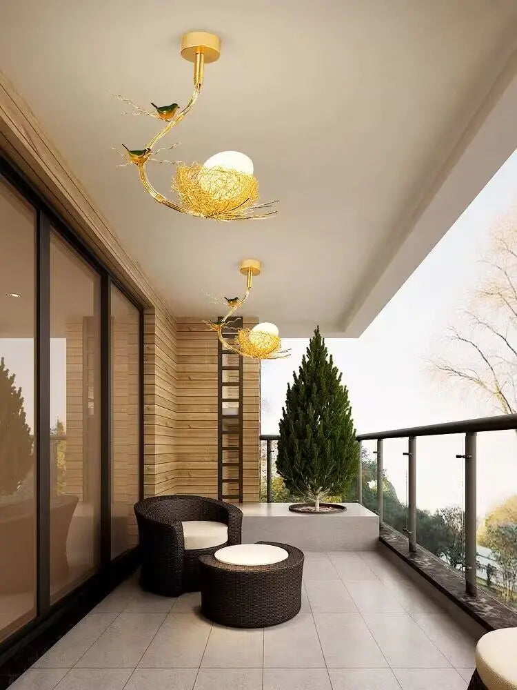 Modern LED chandelier with bird's nest design and glass ball - vue 4 sur 14